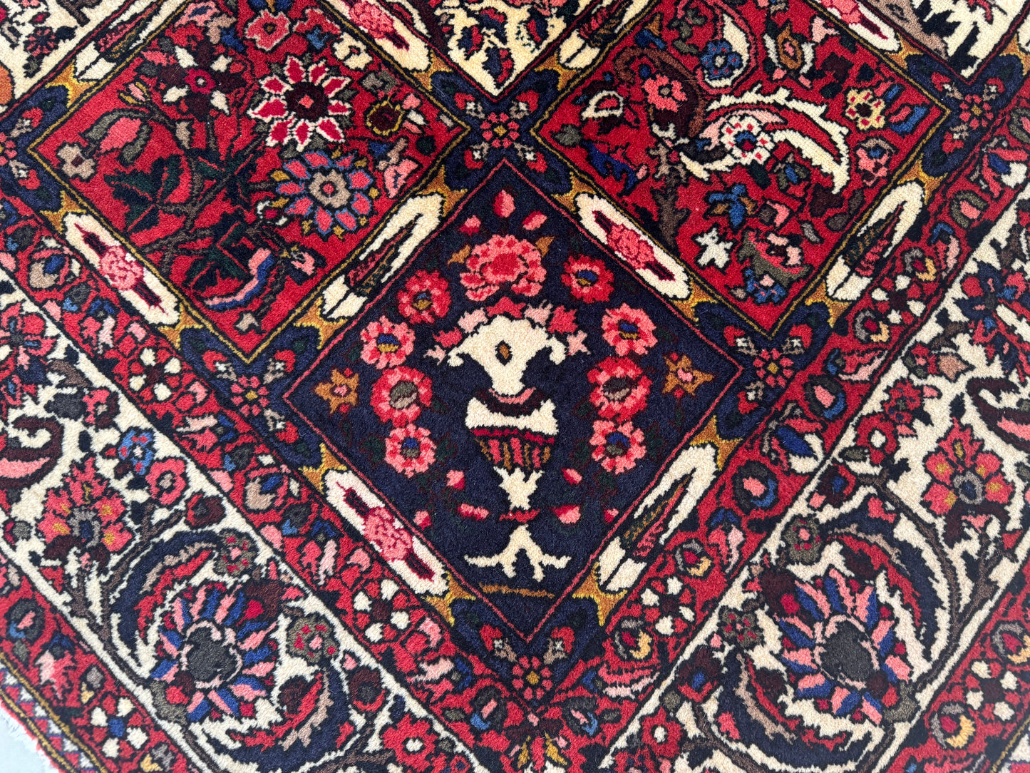 Vintage Bakhtiari Wool Rug 7x10 ft – Hand Knotted Persian Style Red Patchwork Area Rug (1960s)- sku2100
