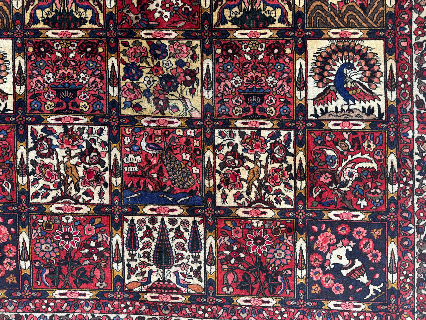 Vintage Bakhtiari Wool Rug 7x10 ft – Hand Knotted Persian Style Red Patchwork Area Rug (1960s)- sku2100