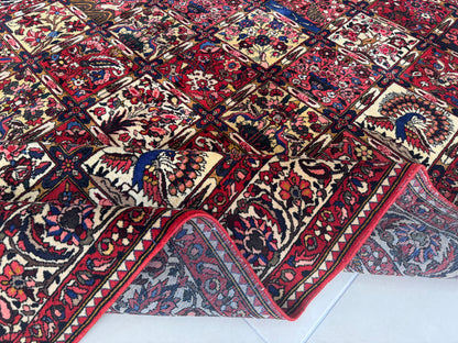 Vintage Bakhtiari Wool Rug 7x10 ft – Hand Knotted Persian Style Red Patchwork Area Rug (1960s)- sku2100