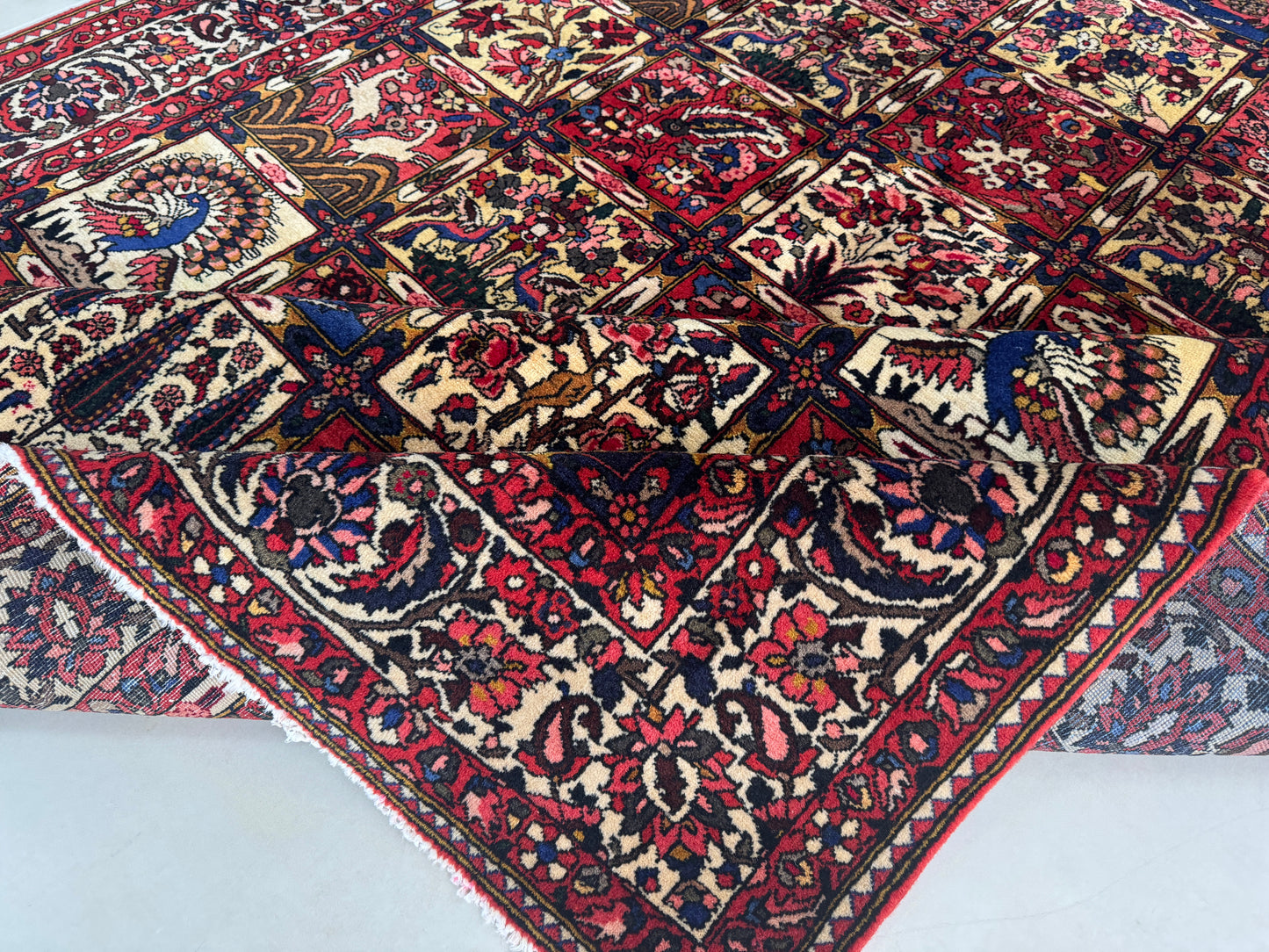 Vintage Bakhtiari Wool Rug 7x10 ft – Hand Knotted Persian Style Red Patchwork Area Rug (1960s)- sku2100