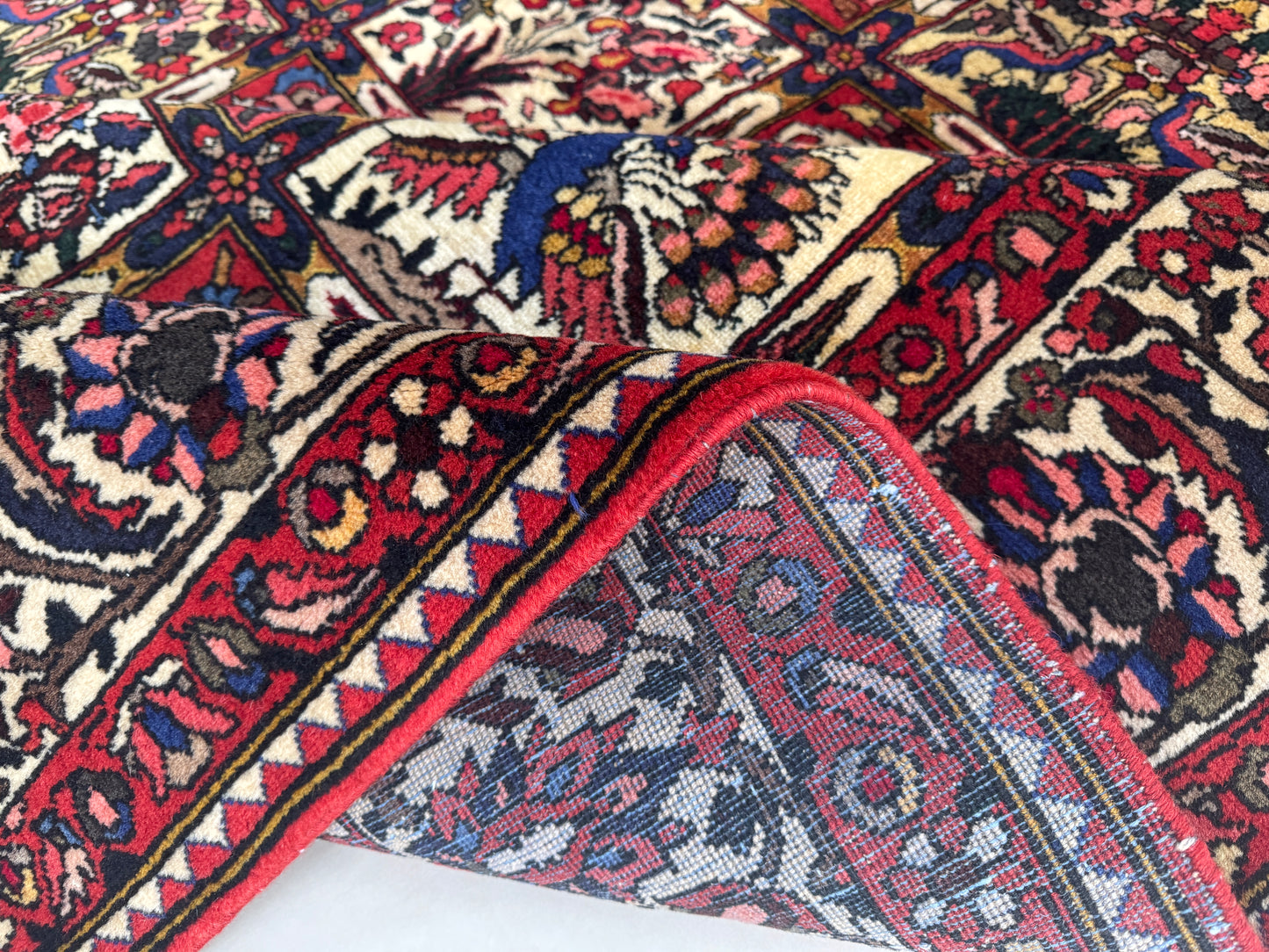 Vintage Bakhtiari Wool Rug 7x10 ft – Hand Knotted Persian Style Red Patchwork Area Rug (1960s)- sku2100