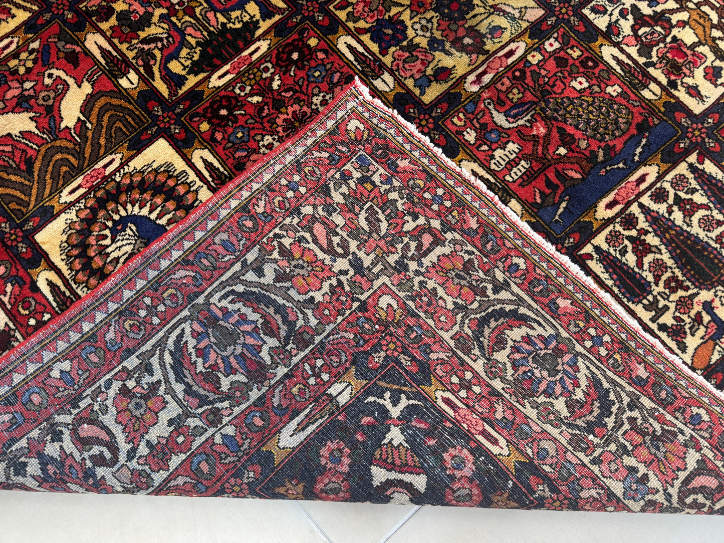 Vintage Bakhtiari Wool Rug 7x10 ft – Hand Knotted Persian Style Red Patchwork Area Rug (1960s)- sku2100