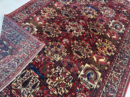 Vintage Bakhtiari Wool Rug 7x10 ft – Hand Knotted Persian Style Red Patchwork Area Rug (1960s)- sku2100