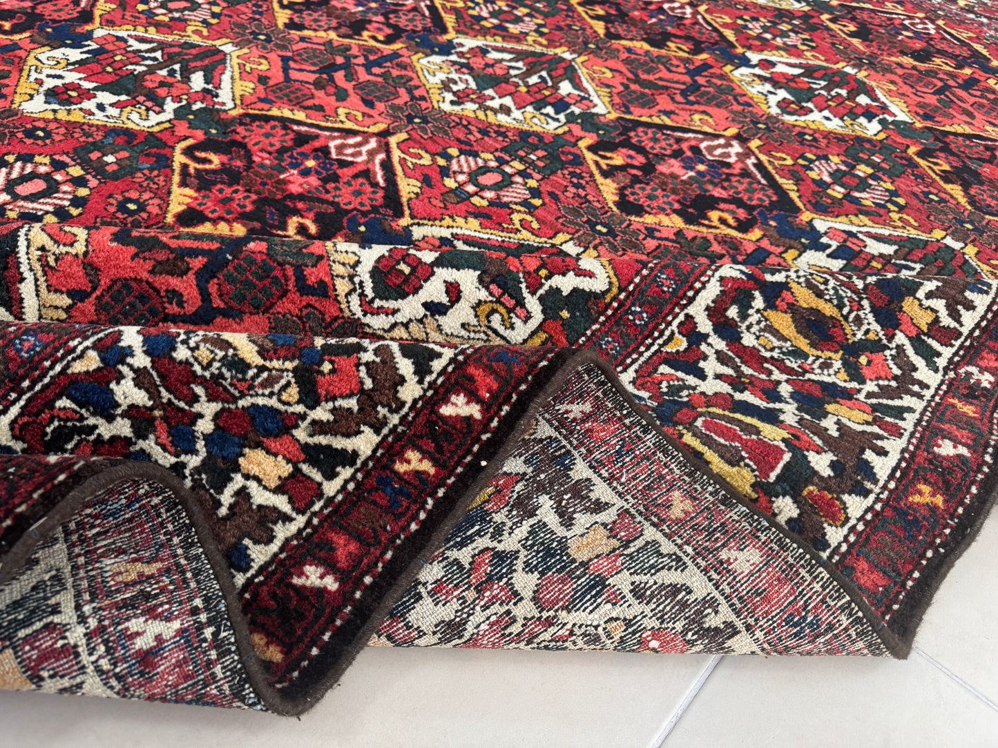 Vintage Bakhtiari Wool Rug 7x10 ft – Hand Knotted Persian Tribal Red Diamond Area Rug (1970s)- sku2101