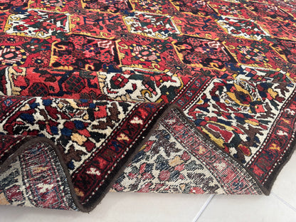 Vintage Bakhtiari Wool Rug 7x10 ft – Hand Knotted Persian Tribal Red Diamond Area Rug (1970s)- sku2101