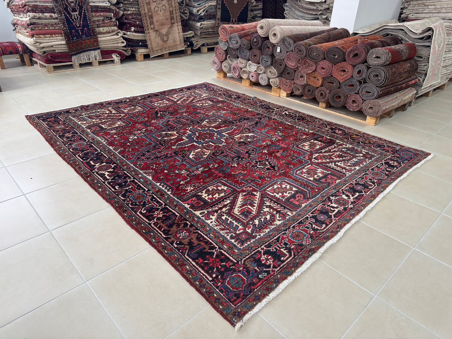 Vintage Heriz Wool Rug 8x9 ft – Hand Knotted Persian Tribal Red Blue Area Rug (1960s)