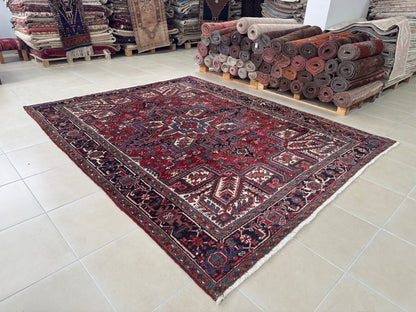 Vintage Heriz Wool Rug 8x9 ft – Hand Knotted Persian Tribal Red Blue Area Rug (1960s)