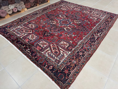 Vintage Heriz Wool Rug 8x9 ft – Hand Knotted Persian Tribal Red Blue Area Rug (1960s)