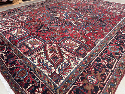 Vintage Heriz Wool Rug 8x9 ft – Hand Knotted Persian Tribal Red Blue Area Rug (1960s)