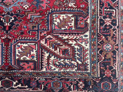 Vintage Heriz Wool Rug 8x9 ft – Hand Knotted Persian Tribal Red Blue Area Rug (1960s)