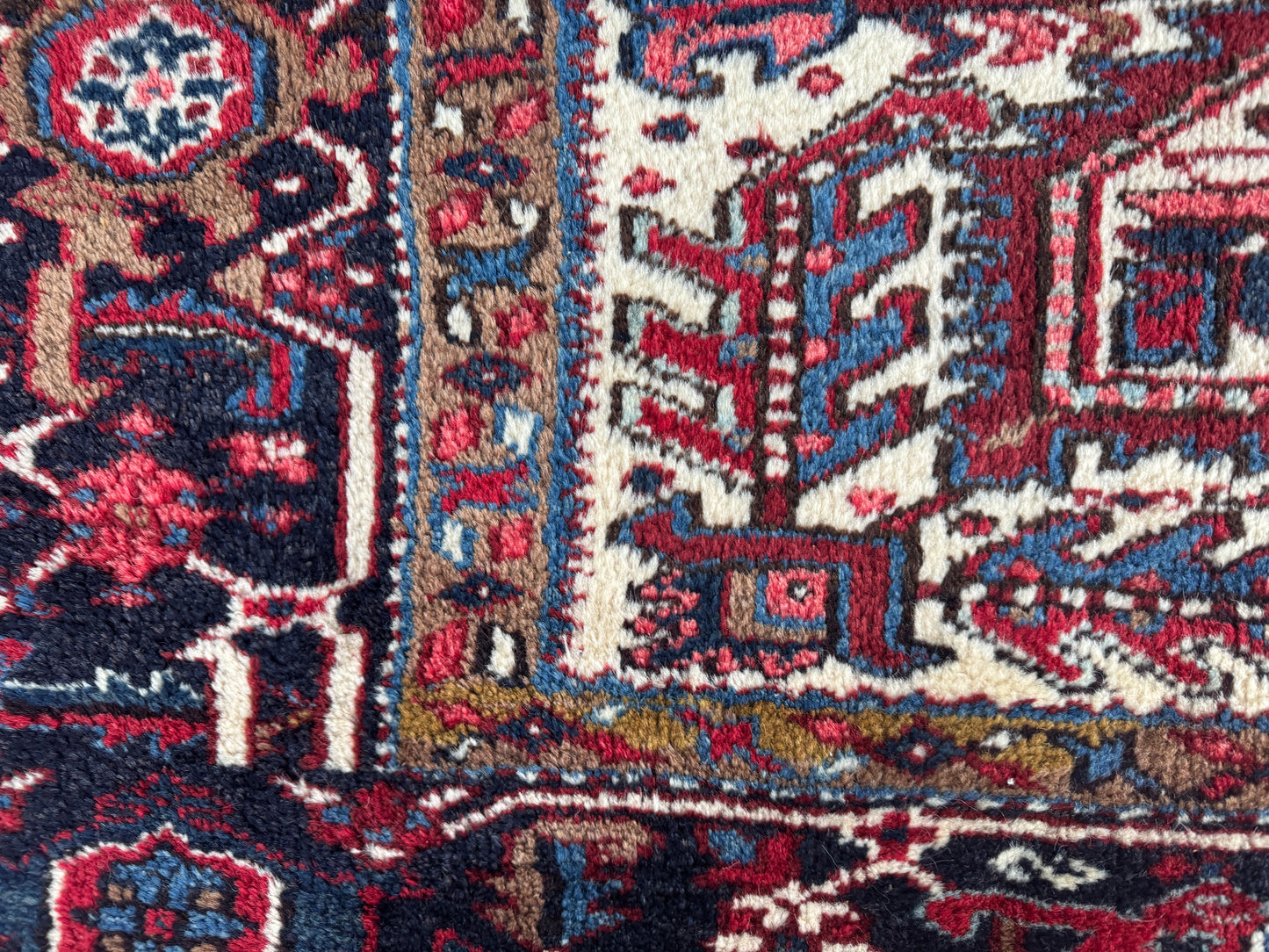 Vintage Heriz Wool Rug 8x9 ft – Hand Knotted Persian Tribal Red Blue Area Rug (1960s)