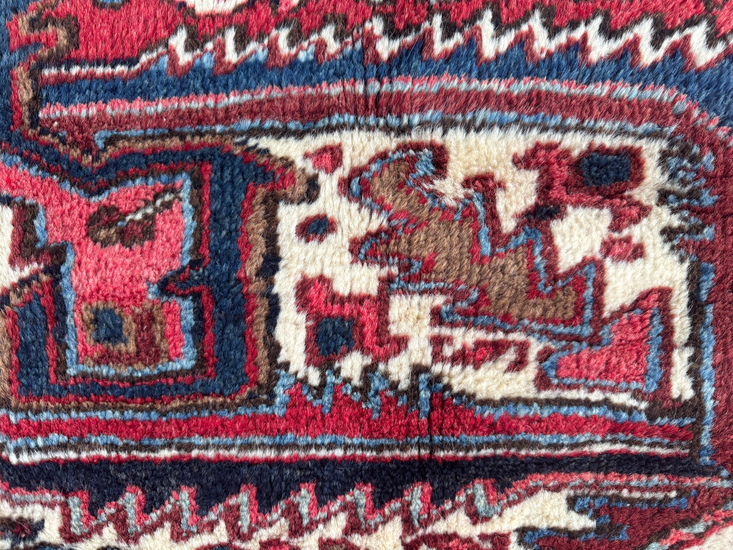 Vintage Heriz Wool Rug 8x9 ft – Hand Knotted Persian Tribal Red Blue Area Rug (1960s)