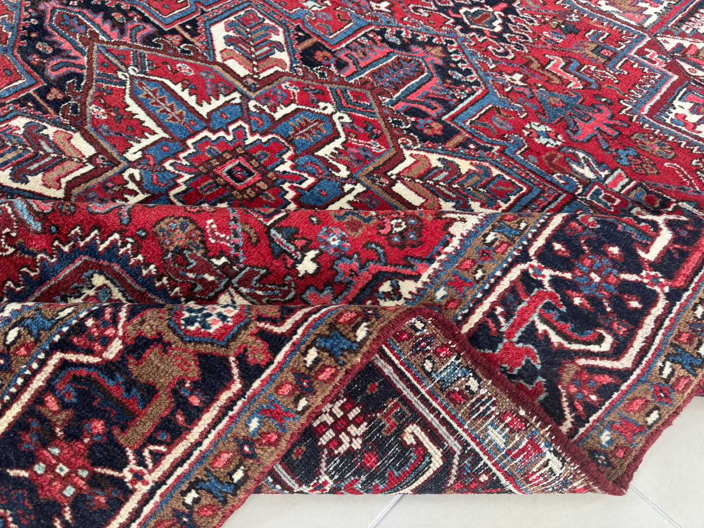 Vintage Heriz Wool Rug 8x9 ft – Hand Knotted Persian Tribal Red Blue Area Rug (1960s)
