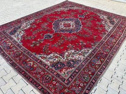 Hand-Knotted Persian Tabriz Rug 10x13 ft- Medallion Design, Vintage Red Carpet | sku1208
