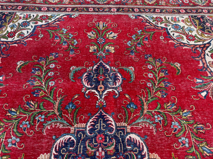 Hand-Knotted Persian Tabriz Rug 10x13 ft- Medallion Design, Vintage Red Carpet | sku1208