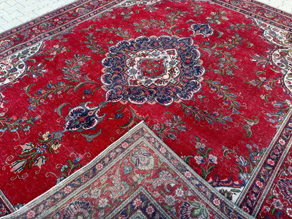 Hand-Knotted Persian Tabriz Rug 10x13 ft- Medallion Design, Vintage Red Carpet | sku1208