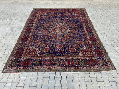 Persian Mahal Rug 10x13 ft - Hand-Knotted Floral Medallion Design, Blue Vintage Carpet, sku1206