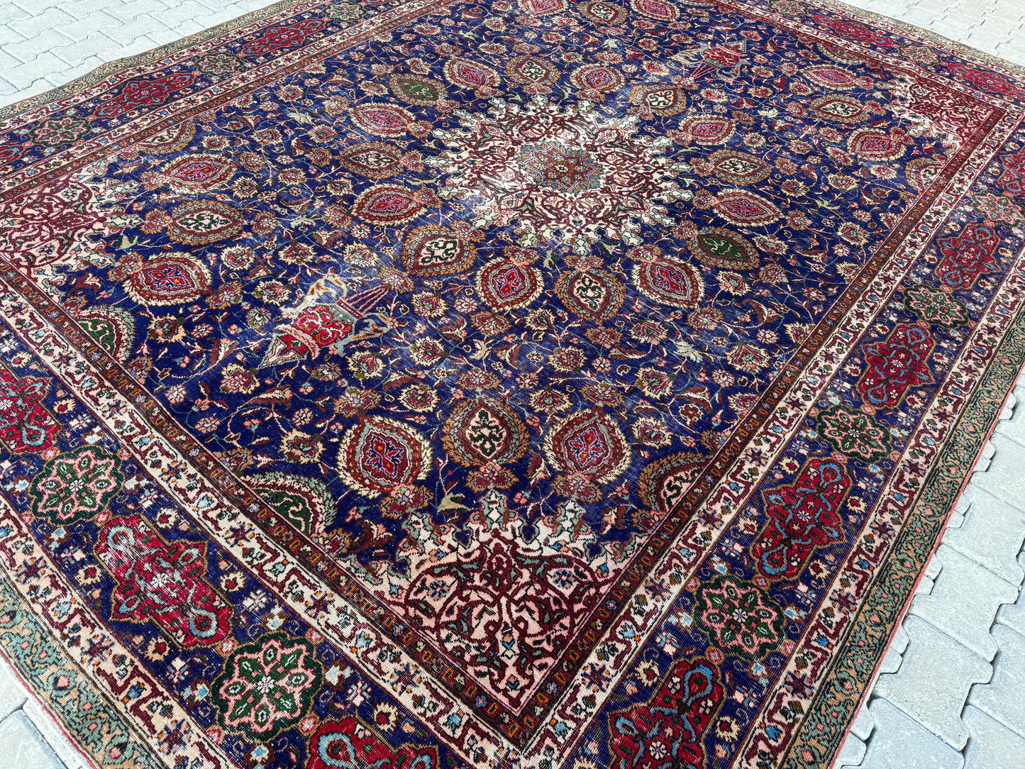 Persian Mahal Rug 10x13 ft - Hand-Knotted Floral Medallion Design, Blue Vintage Carpet, sku1206