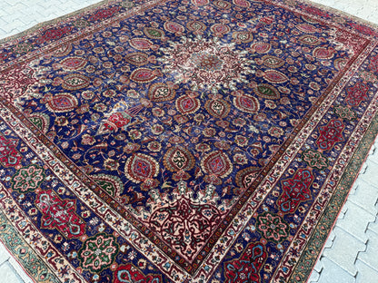 Persian Mahal Rug 10x13 ft - Hand-Knotted Floral Medallion Design, Blue Vintage Carpet, sku1206