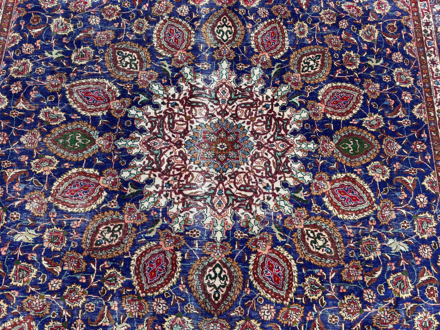 Persian Mahal Rug 10x13 ft - Hand-Knotted Floral Medallion Design, Blue Vintage Carpet, sku1206