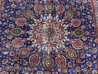 Persian Mahal Rug 10x13 ft - Hand-Knotted Floral Medallion Design, Blue Vintage Carpet, sku1206