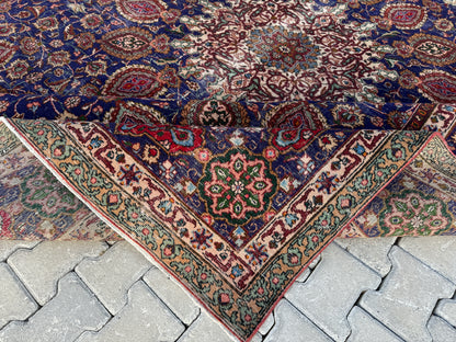 Persian Mahal Rug 10x13 ft - Hand-Knotted Floral Medallion Design, Blue Vintage Carpet, sku1206