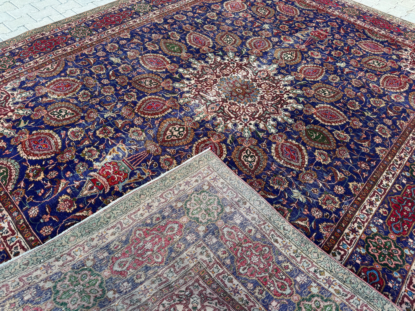Persian Mahal Rug 10x13 ft - Hand-Knotted Floral Medallion Design, Blue Vintage Carpet, sku1206