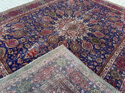 Persian Mahal Rug 10x13 ft - Hand-Knotted Floral Medallion Design, Blue Vintage Carpet, sku1206