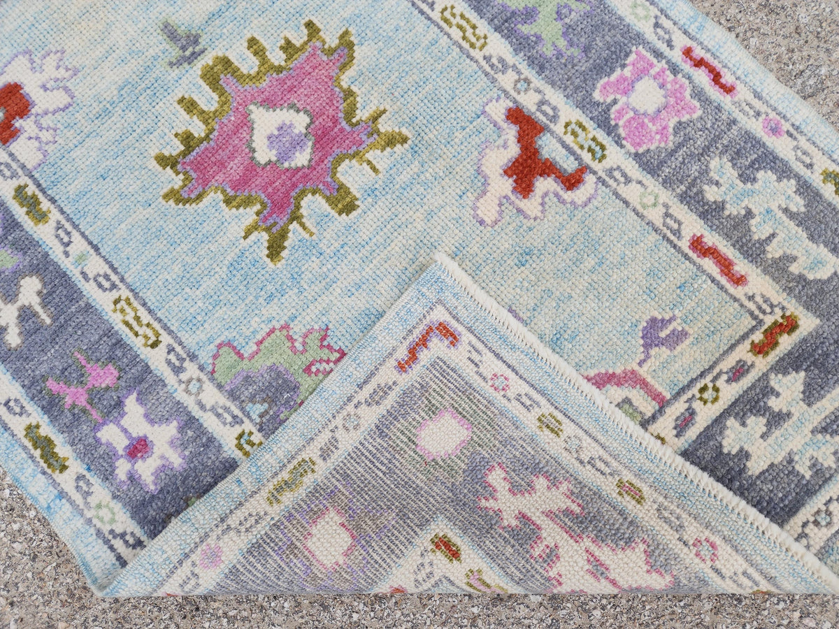 Handwoven 3x6 Oushak Wool Rug: Soft Blue Floral Medallion, Rustic Home Decor