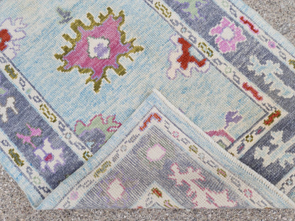Handwoven 3x6 Oushak Wool Rug: Soft Blue Floral Medallion, Rustic Home Decor