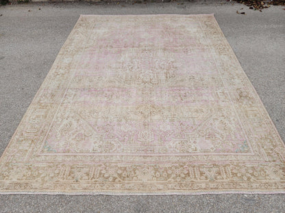 Vintage Hand Knotted Wool Rug 9×12 ft, Beige Geometric Oriental Persian Traditional Carpet