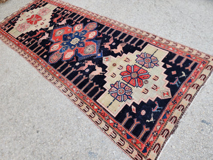 3.7x9.7 Vintage Caucasian Runner Rug, 1950s Handwoven Wool Carpet, Animal Motif Navy Red Tribal Design