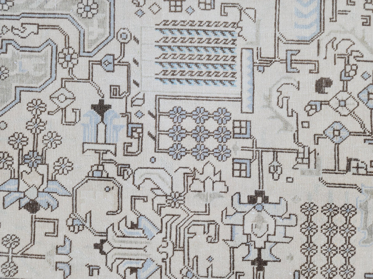 Vintage 9x13 Neutral Oriental Rug: Hand Woven Wool Cotton Area Rug, Geometric Pattern Carpet