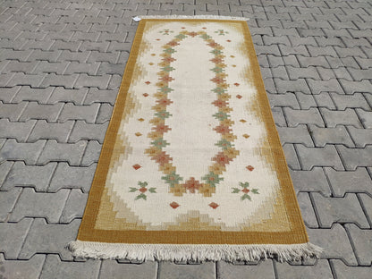 Eclectic Kilim Rug 3x6: Beige Turkish Handmade Rug