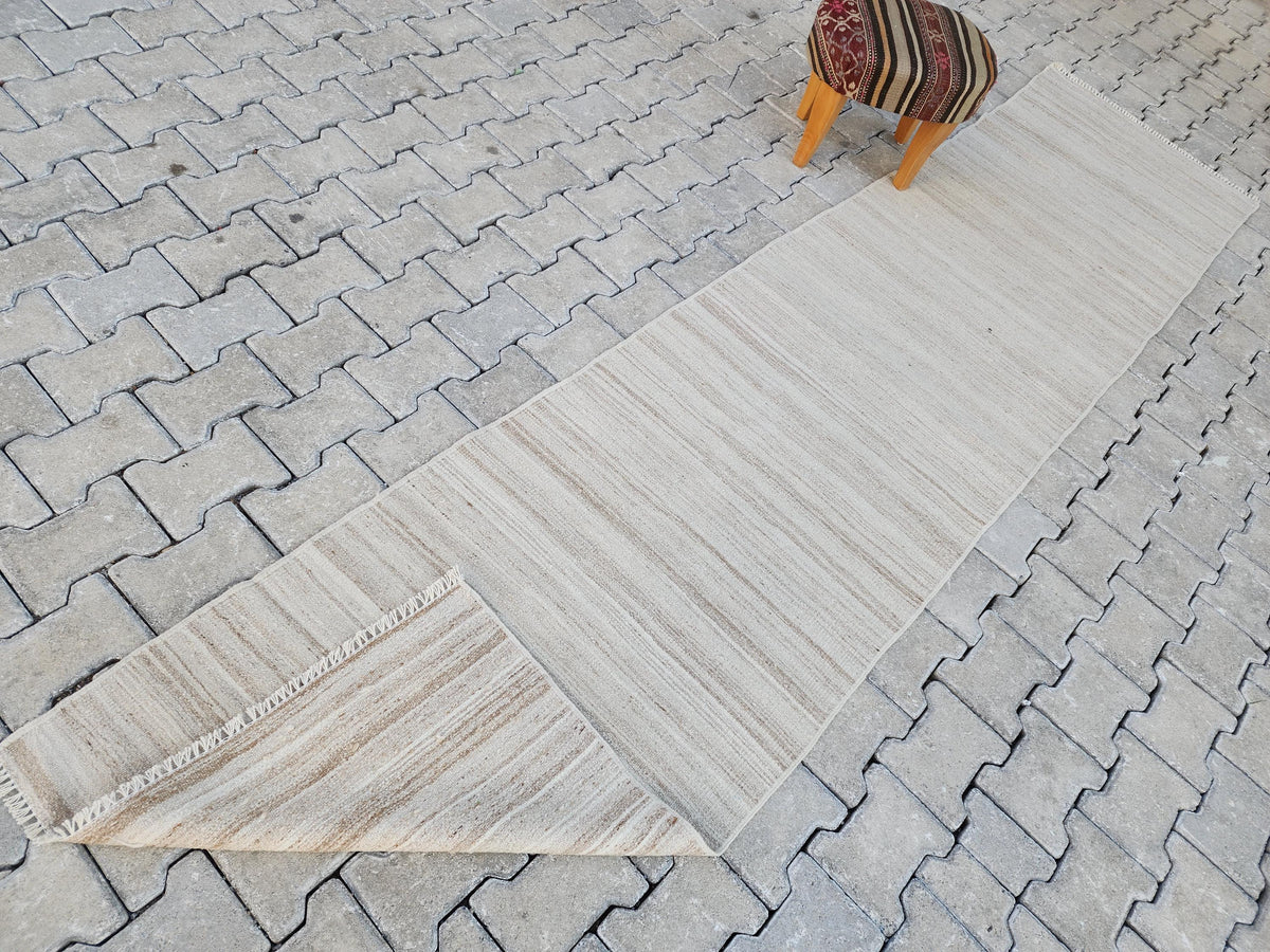Vintage Neutral Kilim Runner Rug 2.7x11, Handwoven Wool Hallway Rug