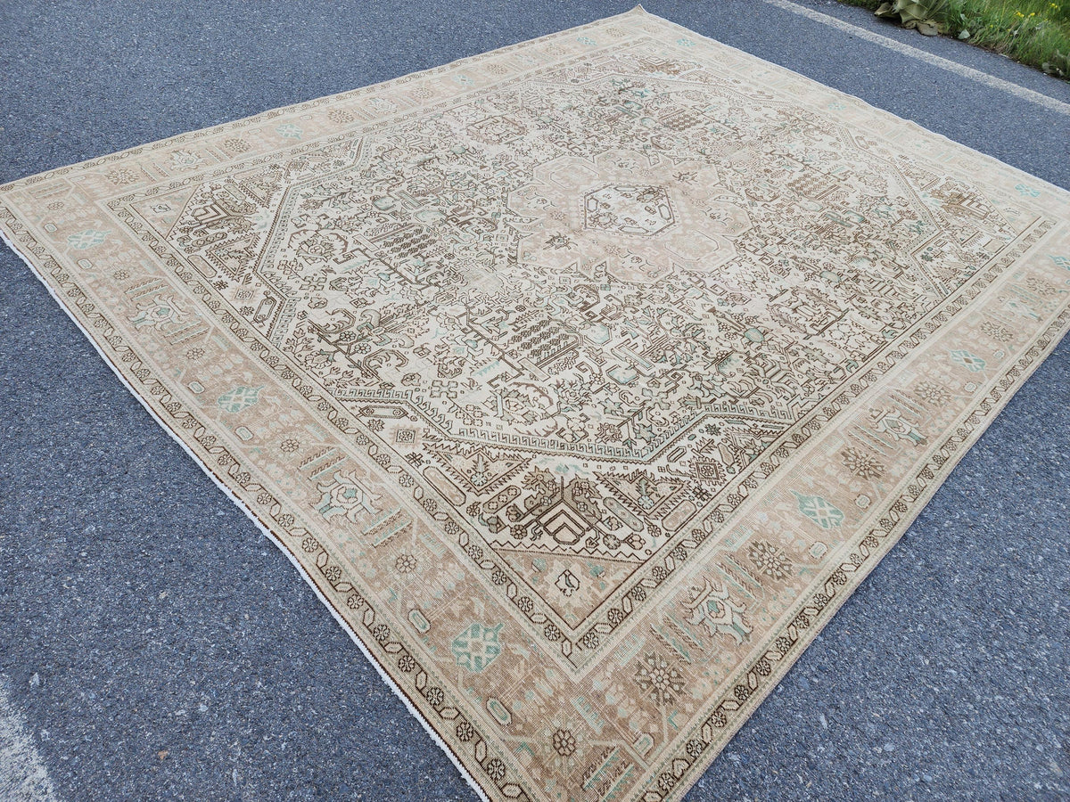 Vintage Neutral Rug 9x12, Up Cycled Wool, Hand Knotted Geometric Design, Brown and Beige