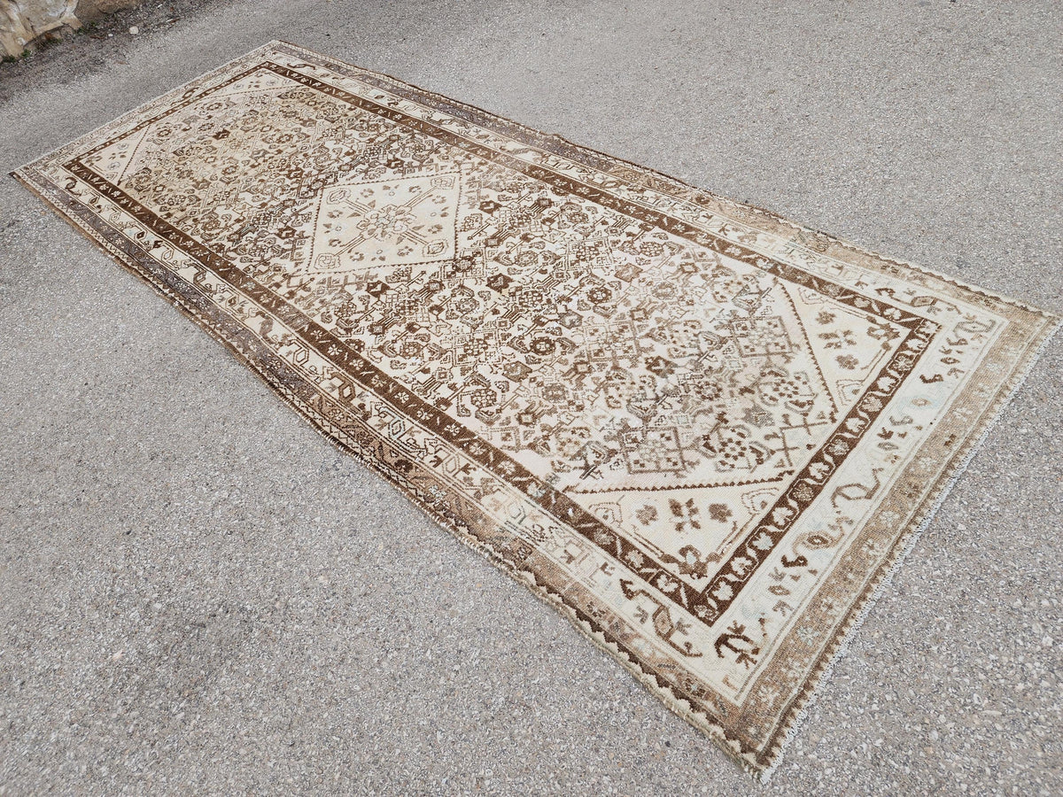 4x10 Neutral Brown Runner Rug, Hand Knotted Rustic Decor, Persian Boho Design