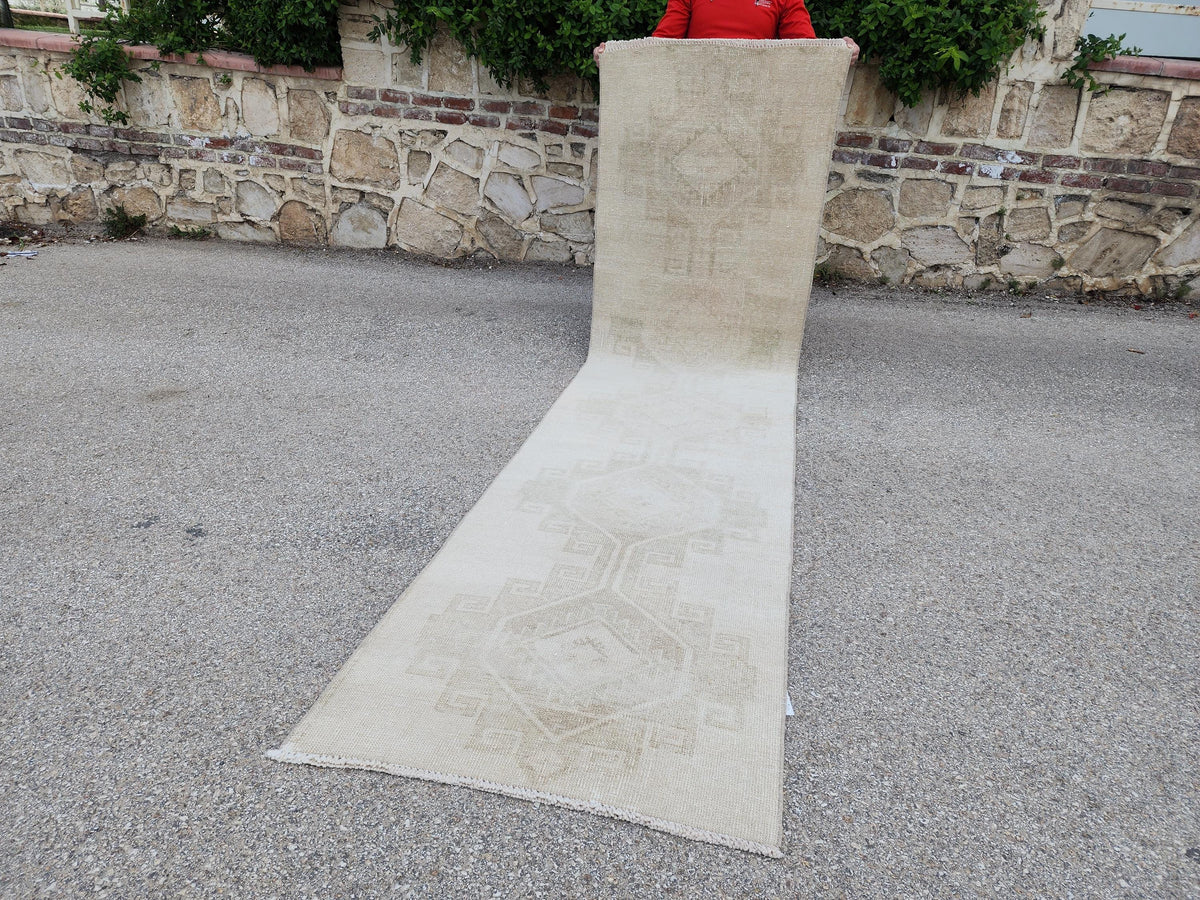 2x11 Neutral Runner Rug, Rustic Oriental Hallway Decor, Muted Wool
