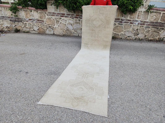 2x11 Neutral Runner Rug, Rustic Oriental Hallway Decor, Muted Wool