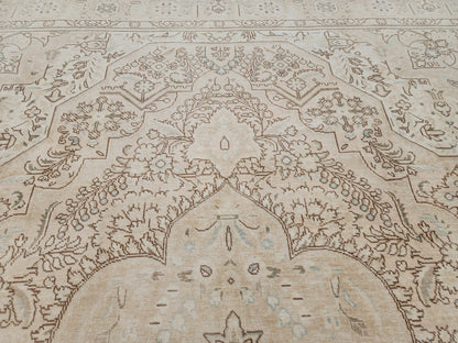9x12 Vintage Turkish Wool Rug: Handmade Grey Cream Persian Rug