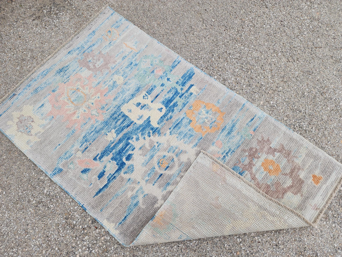 2x4 Small Oushak Rug: Abstract Blue, Up cycled Carpet, Home Wool Decor
