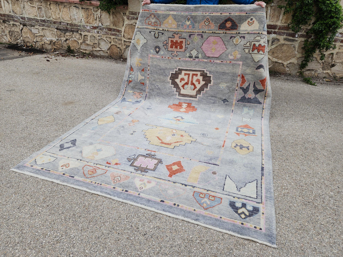 6x9 Gray Oushak Rug: Turkish Wool, Ocean Breeze Patina Blue Wool, Kitds Room Decor