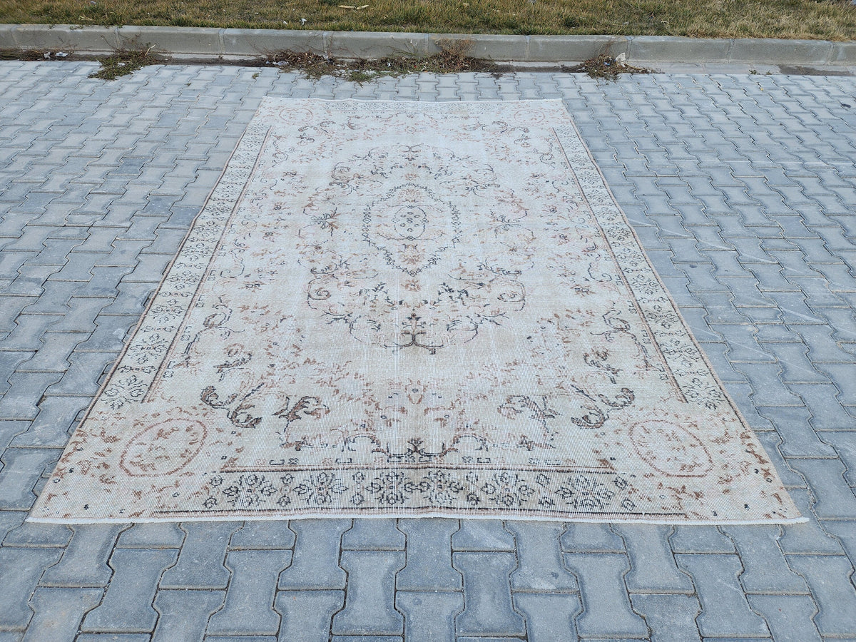 Muted Ivory Turkish Wool Rug 6x10: Semi Antique Neutral Rug