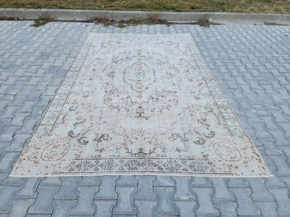 Muted Ivory Turkish Wool Rug 6x10: Semi Antique Neutral Rug