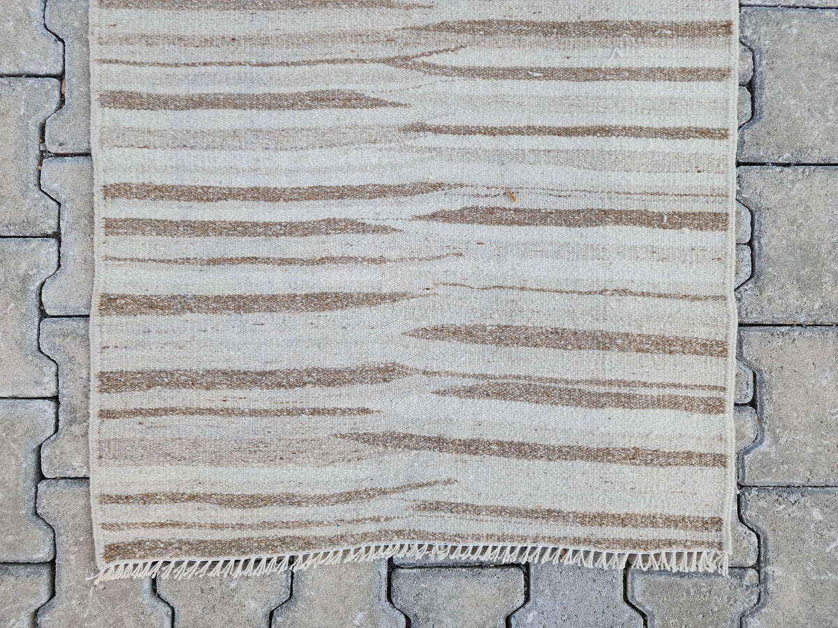 2x11 Hand Knotted Turkish Kilim Runner Rug: Neutral Wool, Rustic Decor