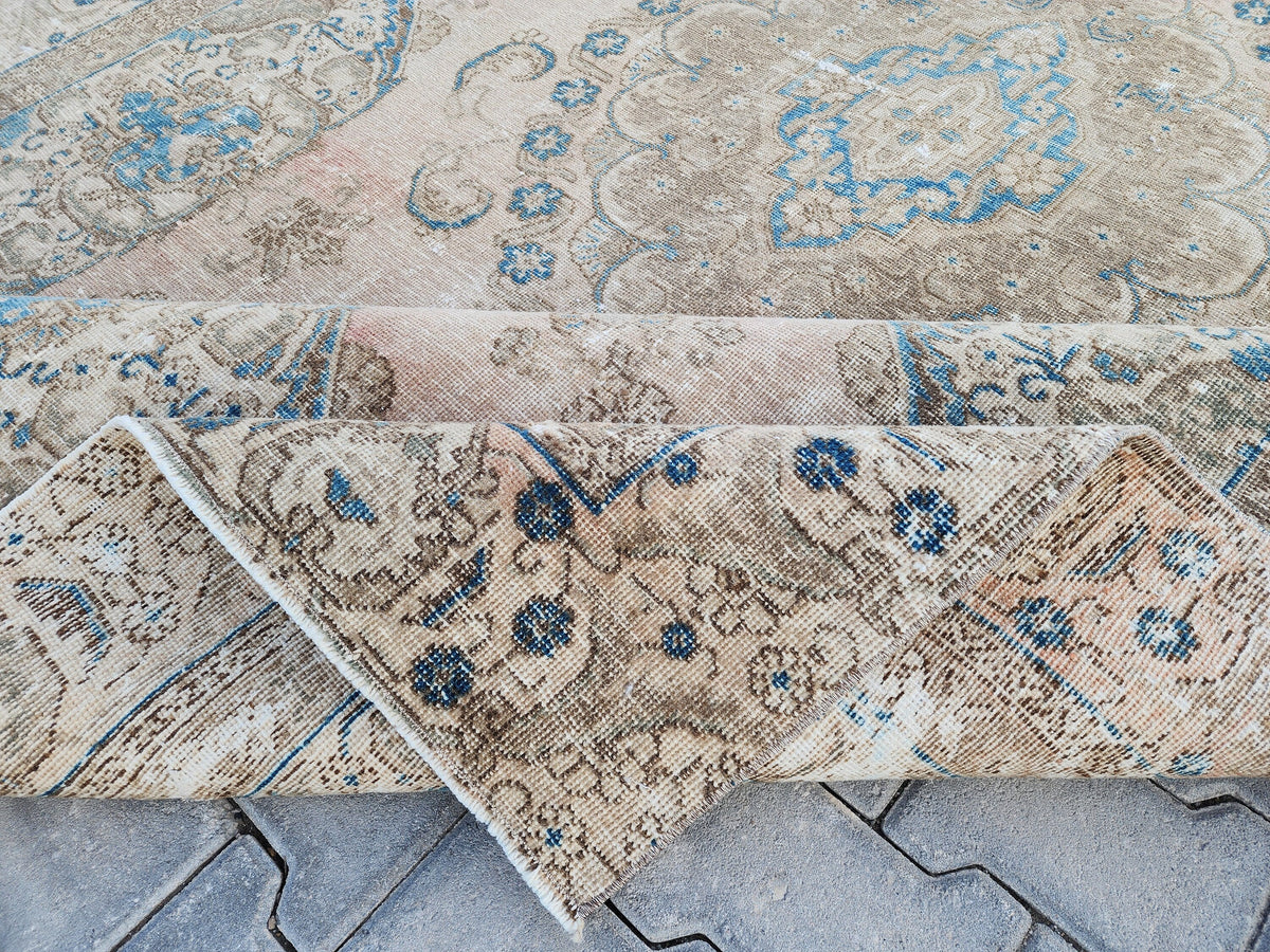 6x10 Turkish Area Rug, Beige and Blue Color, Dining Room Wool Hand Knotted Decor
