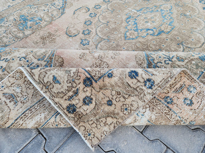 6x10 Turkish Area Rug, Beige and Blue Color, Dining Room Wool Hand Knotted Decor