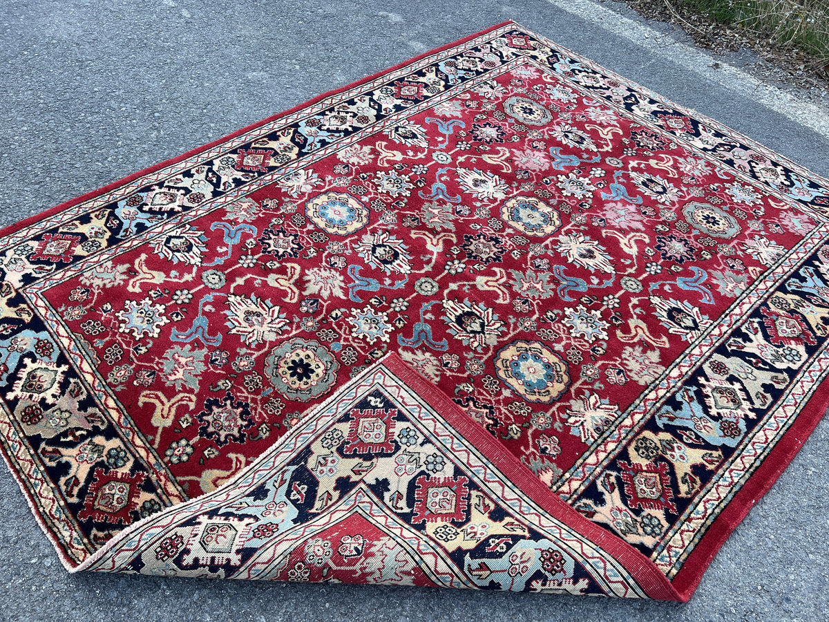 6x8 Vintage Oushak Rug: Red Wool Traditional Carpet