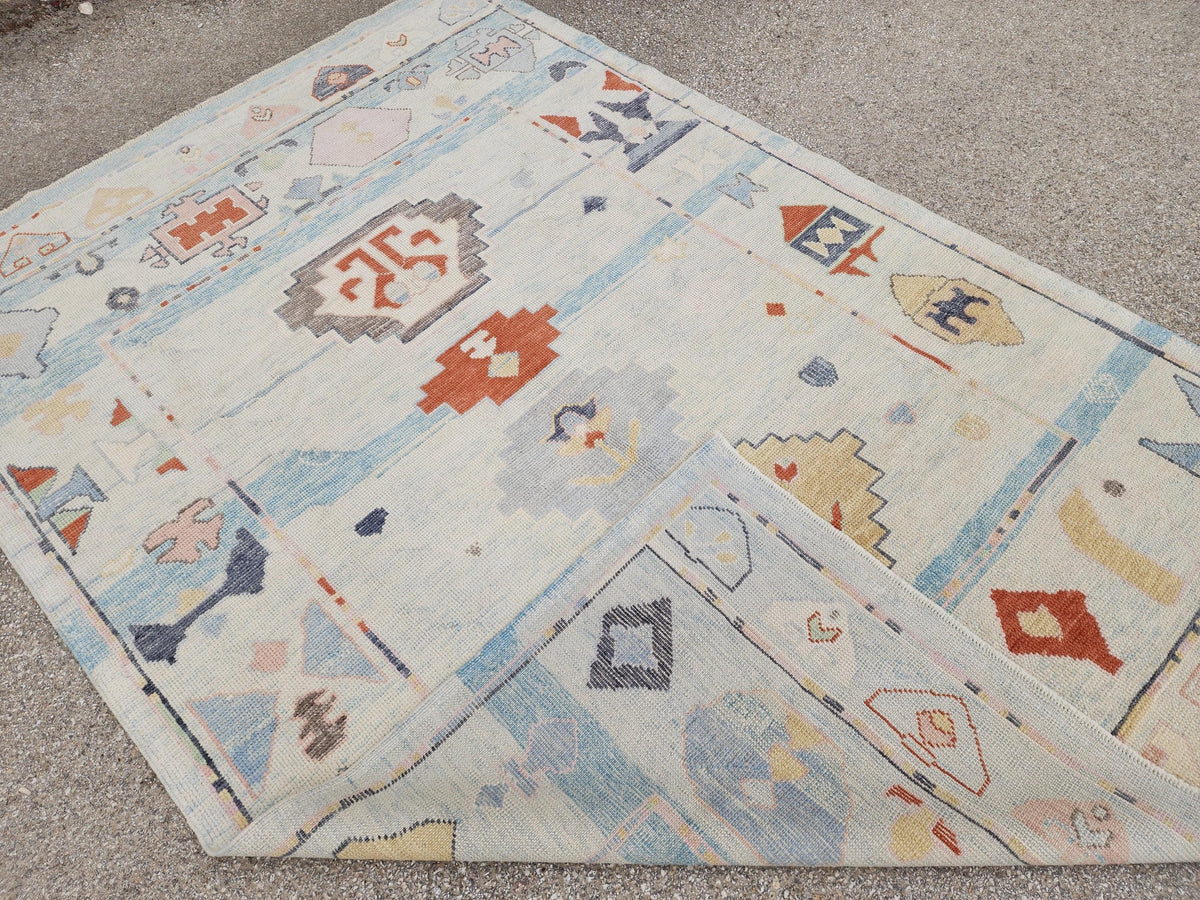 6x9 Oushak Rug: Light Beige Pastel Turkish Wool, Handwoven Boho Rug