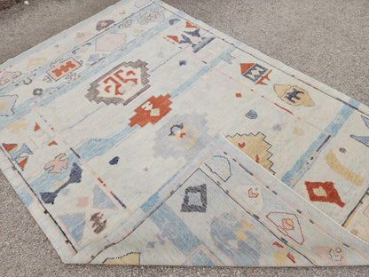 6x9 Oushak Rug: Light Beige Pastel Turkish Wool, Handwoven Boho Rug